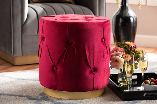 Baxton Studio Gaia Glam and Luxe Red Velvet Fabric Upholstered Gold Finished Button Tufted Ottoman | Modishstore | Ottomans