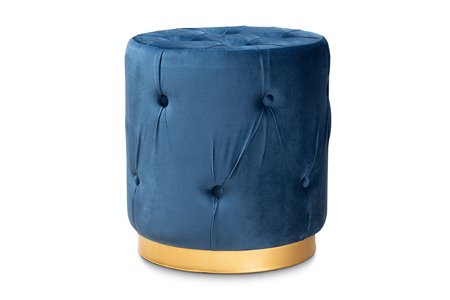 baxton studio gaia glam and luxe navy blue velvet fabric upholstered gold finished button tufted ottoman | Modish Furniture Store-2