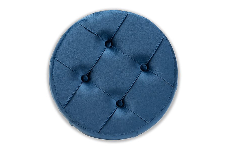baxton studio gaia glam and luxe navy blue velvet fabric upholstered gold finished button tufted ottoman | Modish Furniture Store-3