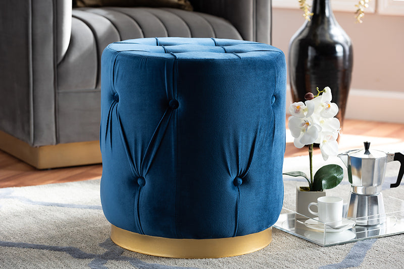 Baxton Studio Gaia Glam and Luxe Navy Blue Velvet Fabric Upholstered Gold Finished Button Tufted Ottoman | Modishstore | Ottomans