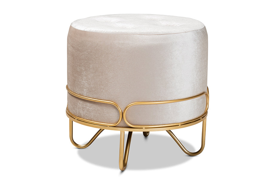 baxton studio lucienne glam and luxe beige velvet fabric upholstered gold finished metal ottoman | Modish Furniture Store-2