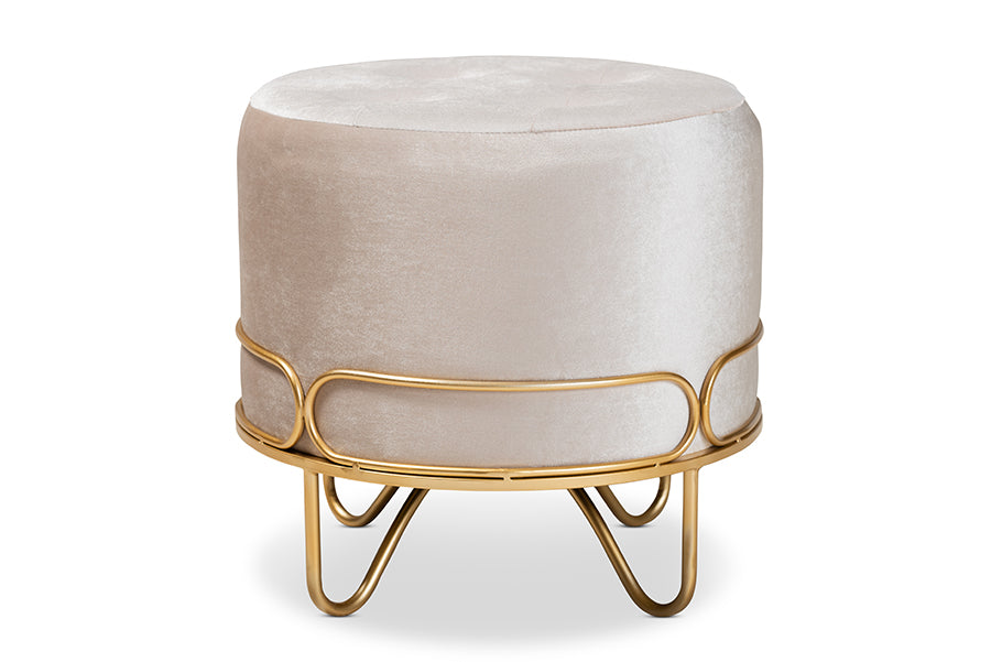 baxton studio lucienne glam and luxe beige velvet fabric upholstered gold finished metal ottoman | Modish Furniture Store-3