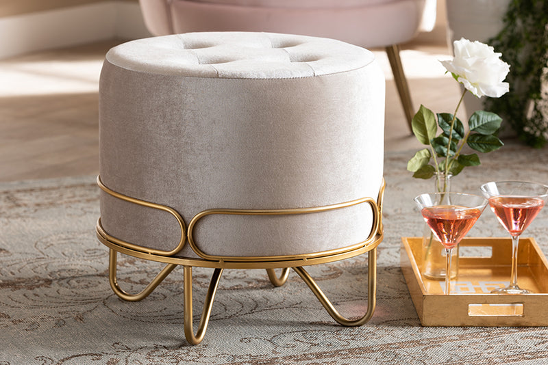 Baxton Studio Lucienne Glam and Luxe Beige Velvet Fabric Upholstered Gold Finished Metal Ottoman | Modishstore | Ottomans