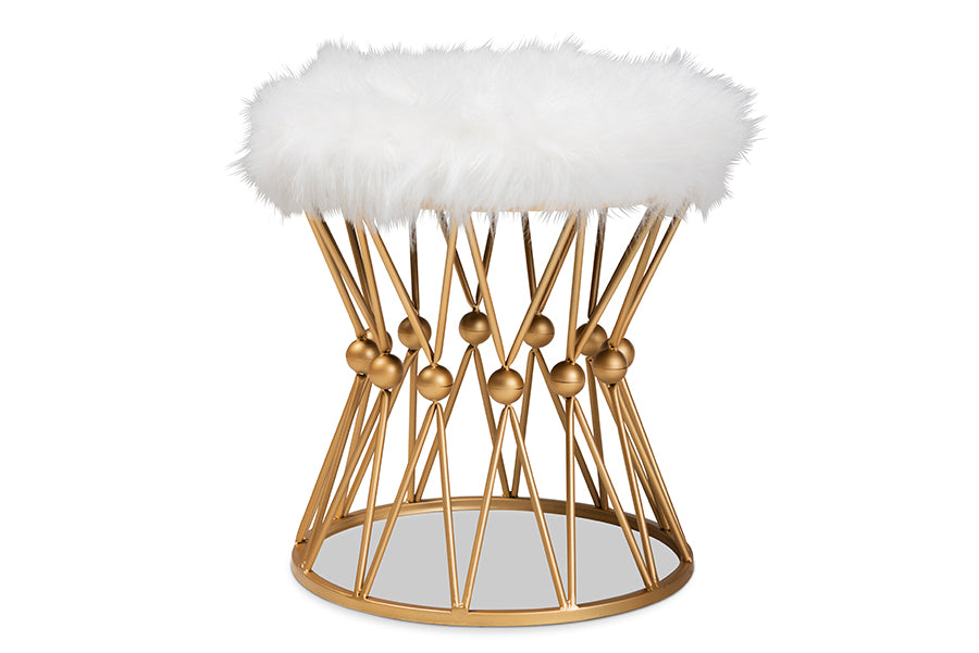 baxton studio leonie glam and luxe white faux fur upholstered gold finished metal ottoman | Modish Furniture Store-2