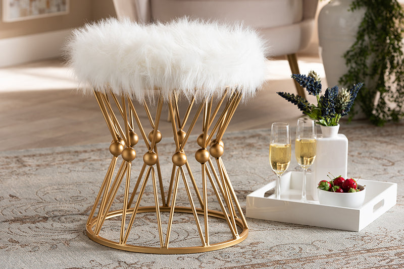 Baxton Studio Leonie Glam and Luxe White Faux Fur Upholstered Gold Finished Metal Ottoman | Modishstore | Ottomans