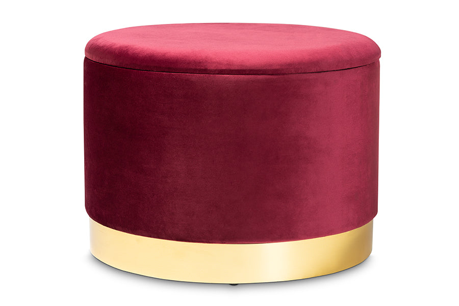 baxton studio marisa glam and luxe red velvet fabric upholstered gold finished storage ottoman | Modish Furniture Store-2