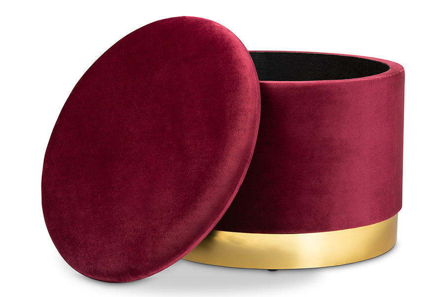 baxton studio marisa glam and luxe red velvet fabric upholstered gold finished storage ottoman | Modish Furniture Store-3