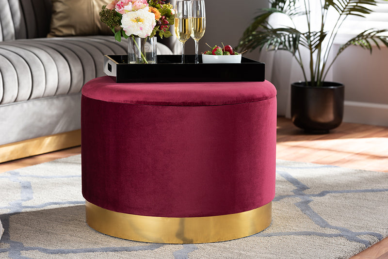 Baxton Studio Marisa Glam and Luxe Red Velvet Fabric Upholstered Gold Finished Storage Ottoman | Modishstore | Ottomans
