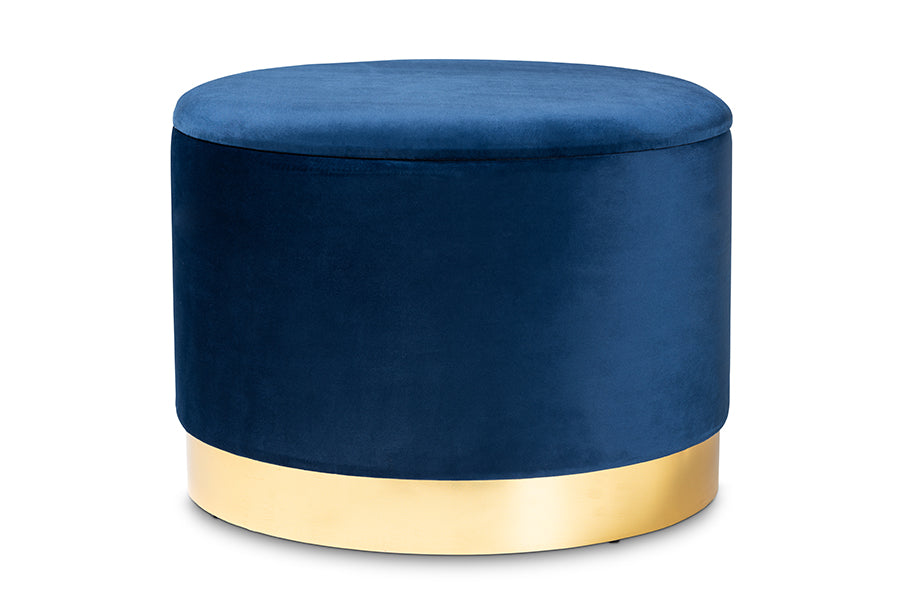 baxton studio marisa glam and luxe navy blue velvet fabric upholstered gold finished storage ottoman | Modish Furniture Store-2