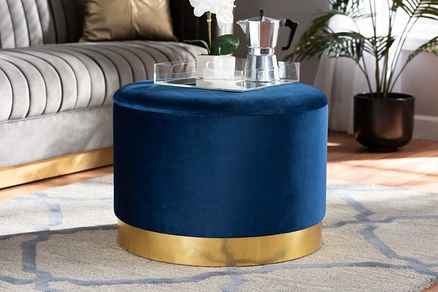 Baxton Studio Marisa Glam and Luxe Navy Blue Velvet Fabric Upholstered Gold Finished Storage Ottoman | Modishstore | Ottomans