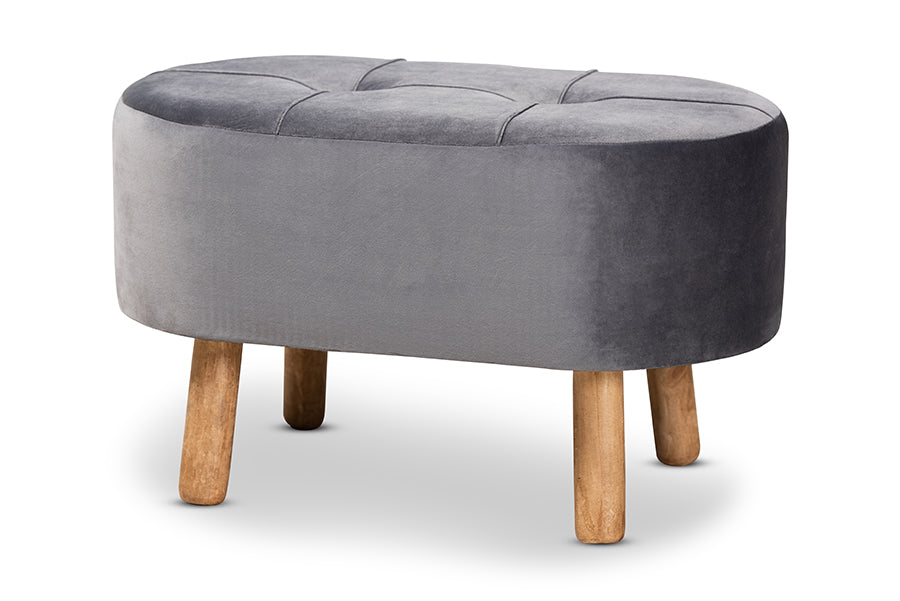 baxton studio simone mid century modern grey velvet fabric upholstered wood ottoman | Modish Furniture Store-2