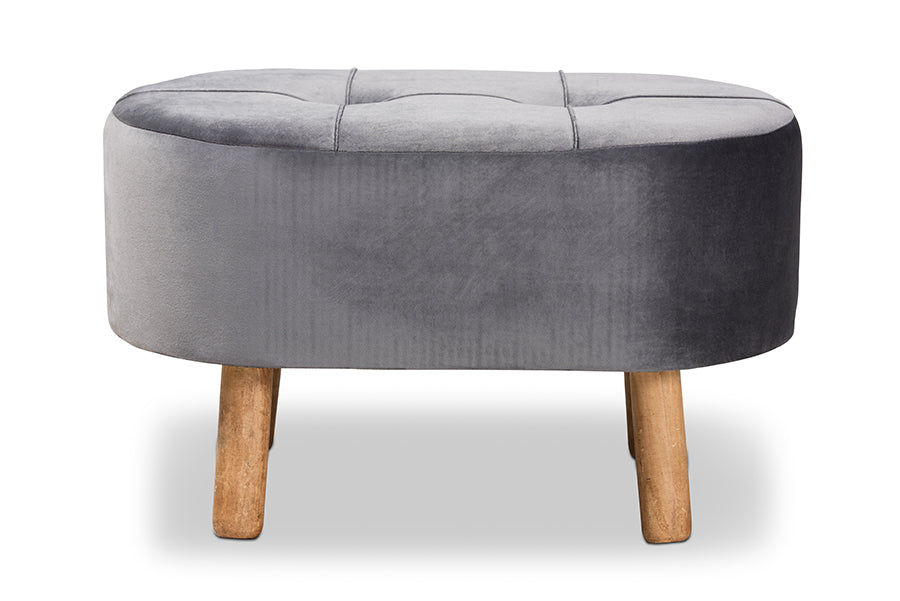 baxton studio simone mid century modern grey velvet fabric upholstered wood ottoman | Modish Furniture Store-3