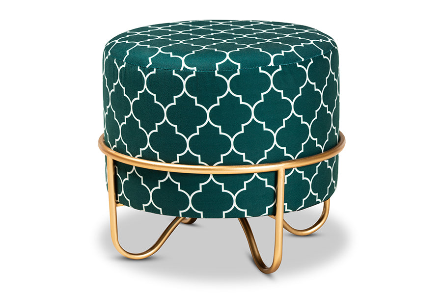 baxton studio candice glam and luxe teal green quatrefoil velvet fabric upholstered gold finished metal ottoman | Modish Furniture Store-2