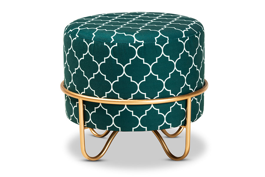 baxton studio candice glam and luxe teal green quatrefoil velvet fabric upholstered gold finished metal ottoman | Modish Furniture Store-3