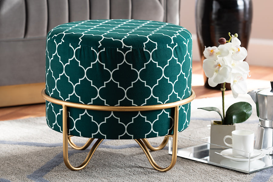 Baxton Studio Candice Glam and Luxe Teal Green Quatrefoil Velvet Fabric Upholstered Gold Finished Metal Ottoman | Modishstore | Ottomans
