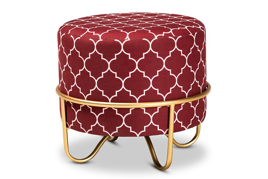 baxton studio candice glam and luxe red quatrefoil velvet fabric upholstered gold finished metal ottoman | Modish Furniture Store-2