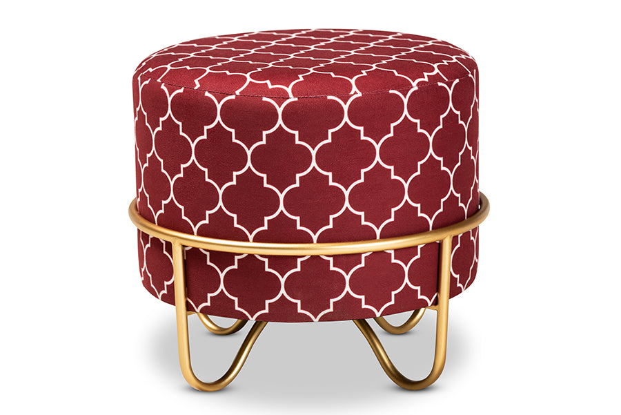 baxton studio candice glam and luxe red quatrefoil velvet fabric upholstered gold finished metal ottoman | Modish Furniture Store-3