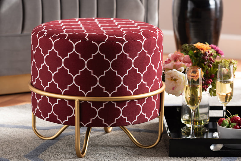 Baxton Studio Candice Glam and Luxe Red Quatrefoil Velvet Fabric Upholstered Gold Finished Metal Ottoman | Modishstore | Ottomans