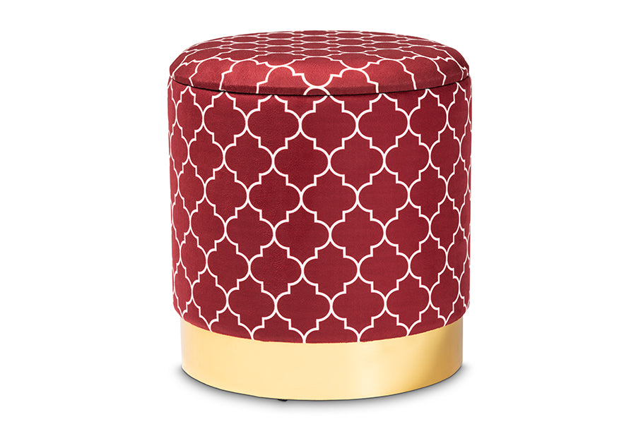 baxton studio serra glam and luxe red quatrefoil velvet fabric upholstered gold finished metal storage ottoman | Modish Furniture Store-2