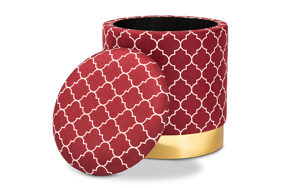 baxton studio serra glam and luxe red quatrefoil velvet fabric upholstered gold finished metal storage ottoman | Modish Furniture Store-3