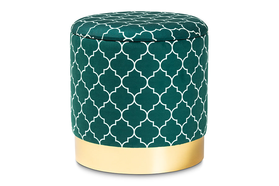 baxton studio serra glam and luxe teal green quatrefoil velvet fabric upholstered gold finished metal storage ottoman | Modish Furniture Store-2