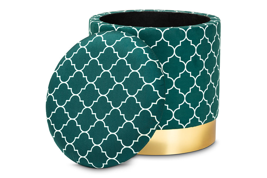 baxton studio serra glam and luxe teal green quatrefoil velvet fabric upholstered gold finished metal storage ottoman | Modish Furniture Store-3