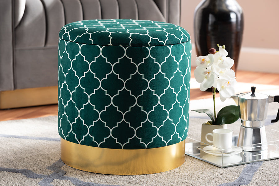 Baxton Studio Serra Glam and Luxe Teal Green Quatrefoil Velvet Fabric Upholstered Gold Finished Metal Storage Ottoman | Modishstore | Ottomans