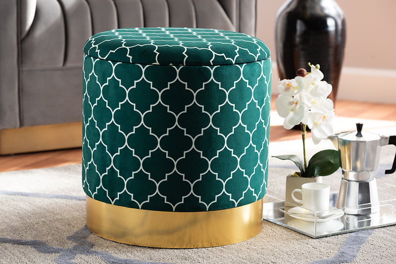 Baxton Studio Serra Glam and Luxe Teal Green Quatrefoil Velvet Fabric Upholstered Gold Finished Metal Storage Ottoman | Modishstore | Ottomans