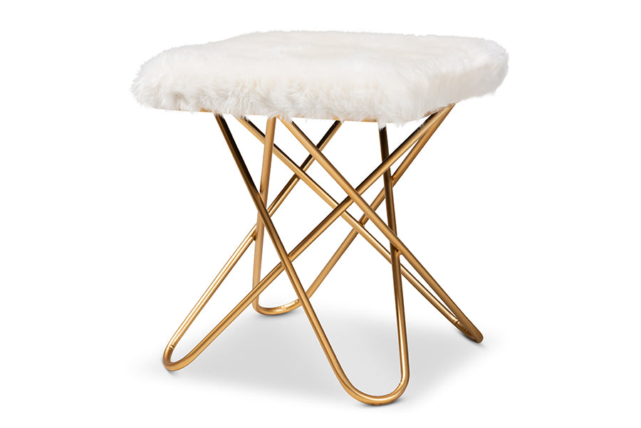 baxton studio valle glam and luxe white faux fur upholstered gold finished metal ottoman | Modish Furniture Store-2
