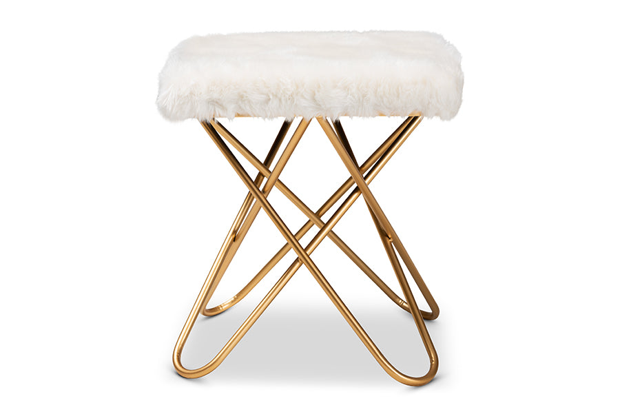 baxton studio valle glam and luxe white faux fur upholstered gold finished metal ottoman | Modish Furniture Store-3