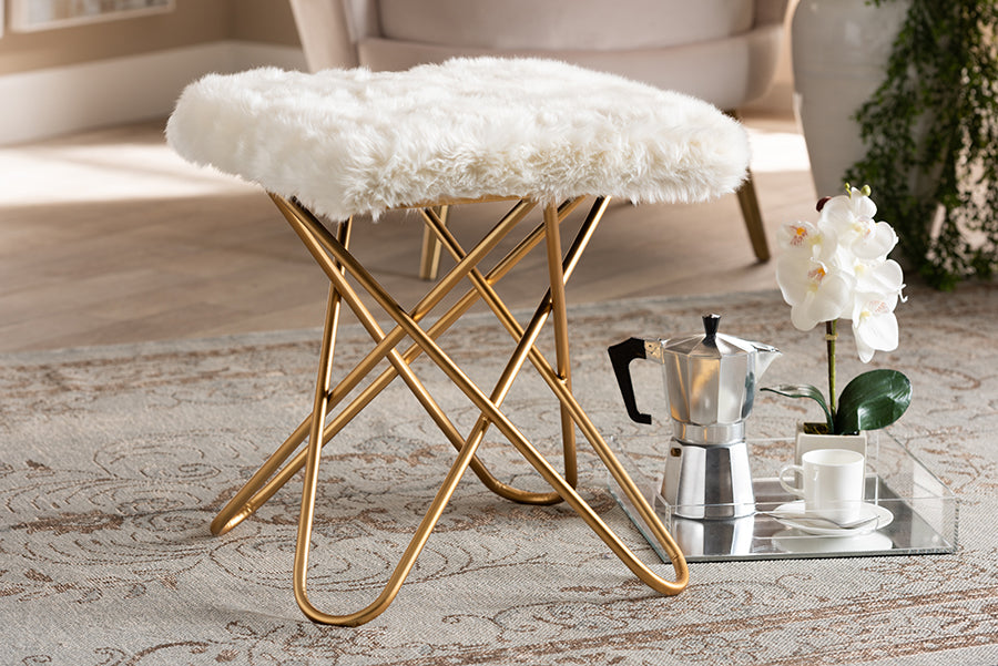 Baxton Studio Valle Glam and Luxe White Faux Fur Upholstered Gold Finished Metal Ottoman | Modishstore | Ottomans