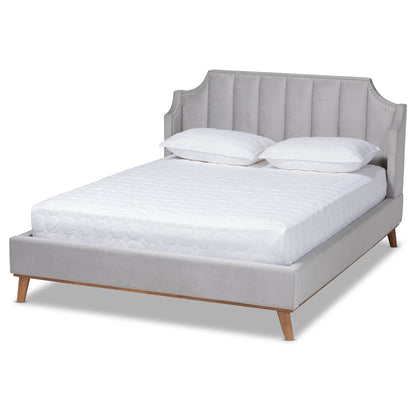 Baxton Studio Adelie Modern Glam Light Grey Velvet Fabric Upholstered Walnut Brown Finished Wood King Size Wingback Platform Bed | Beds | Modishstore - 2