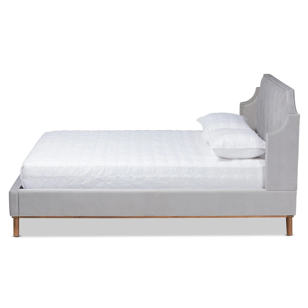 Baxton Studio Adelie Modern Glam Light Grey Velvet Fabric Upholstered Walnut Brown Finished Wood King Size Wingback Platform Bed | Beds | Modishstore - 3