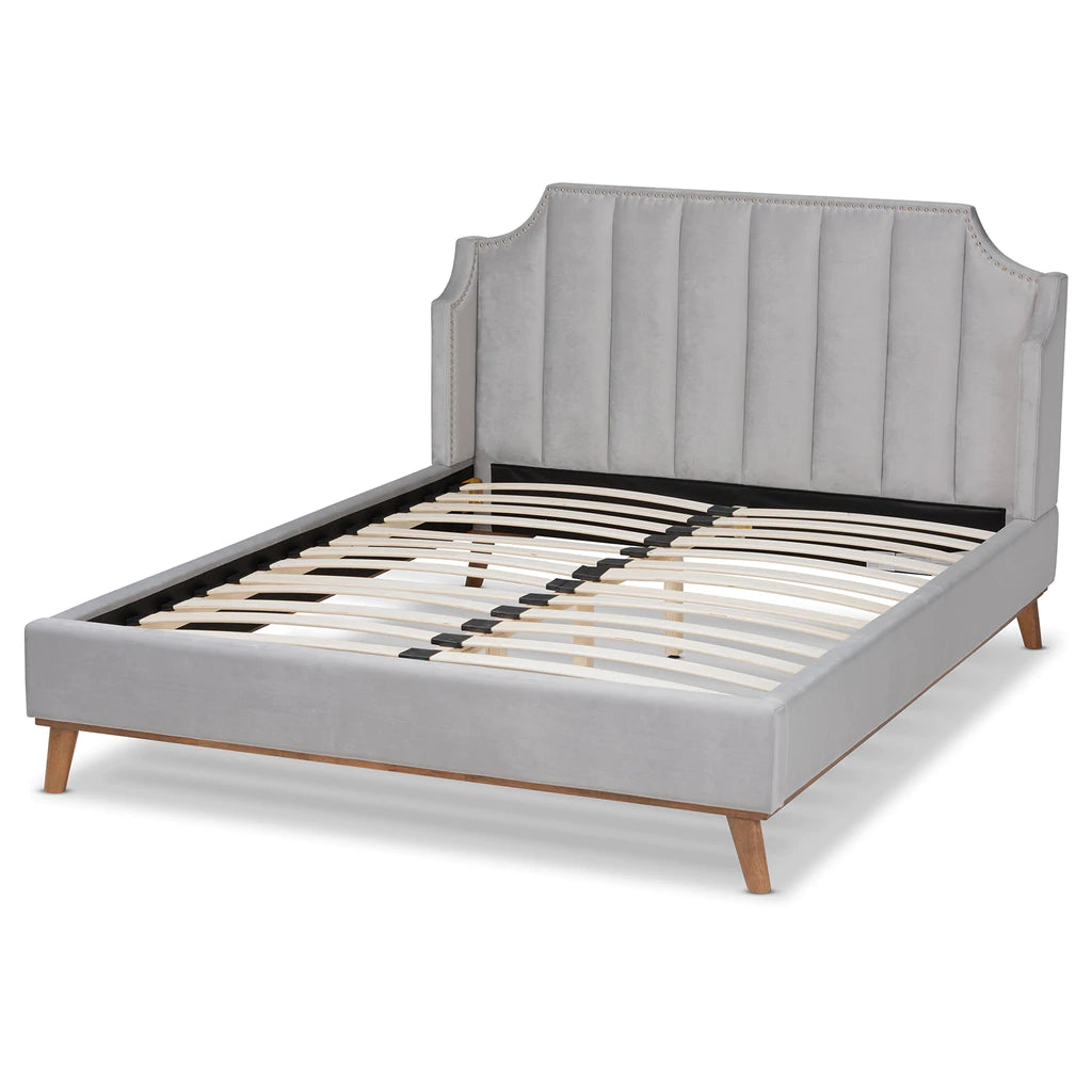 Baxton Studio Adelie Modern Glam Light Grey Velvet Fabric Upholstered Walnut Brown Finished Wood King Size Wingback Platform Bed | Beds | Modishstore - 4