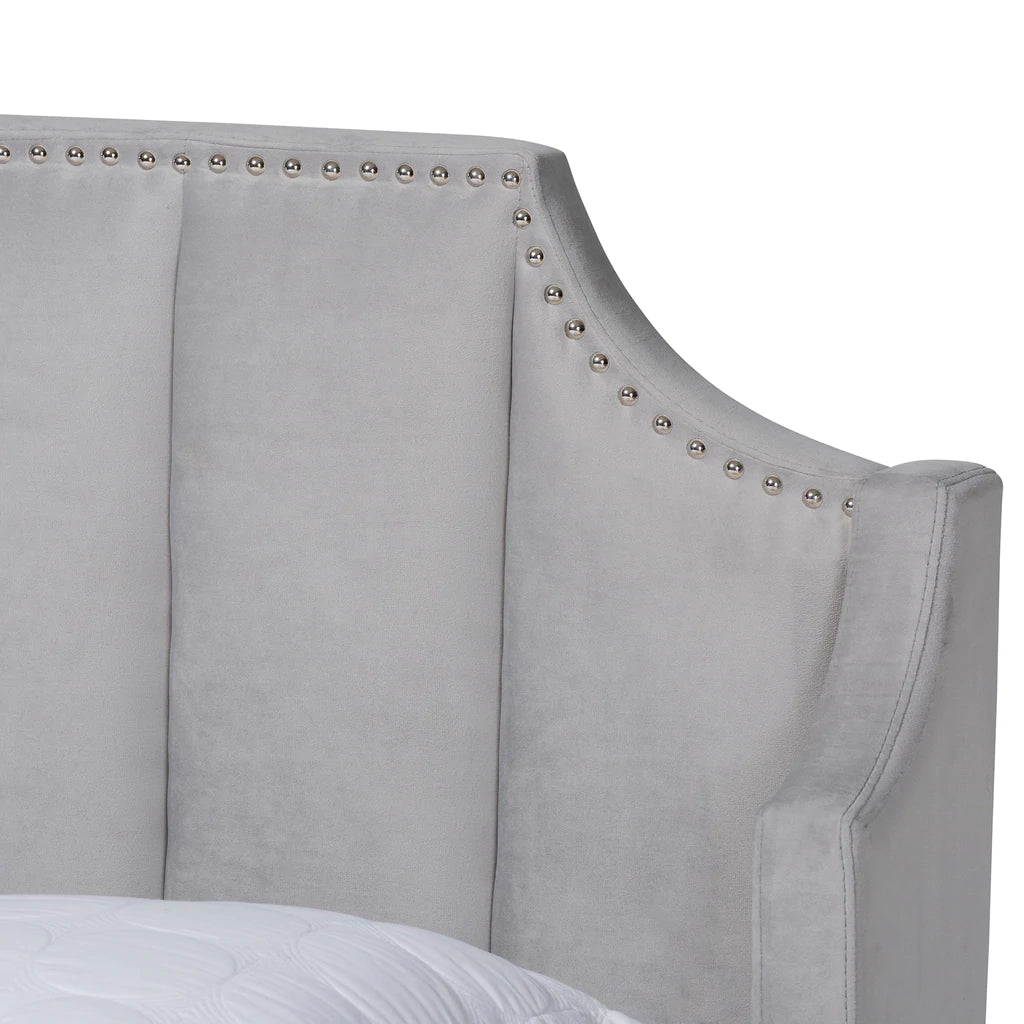 Baxton Studio Adelie Modern Glam Light Grey Velvet Fabric Upholstered Walnut Brown Finished Wood King Size Wingback Platform Bed | Beds | Modishstore - 5