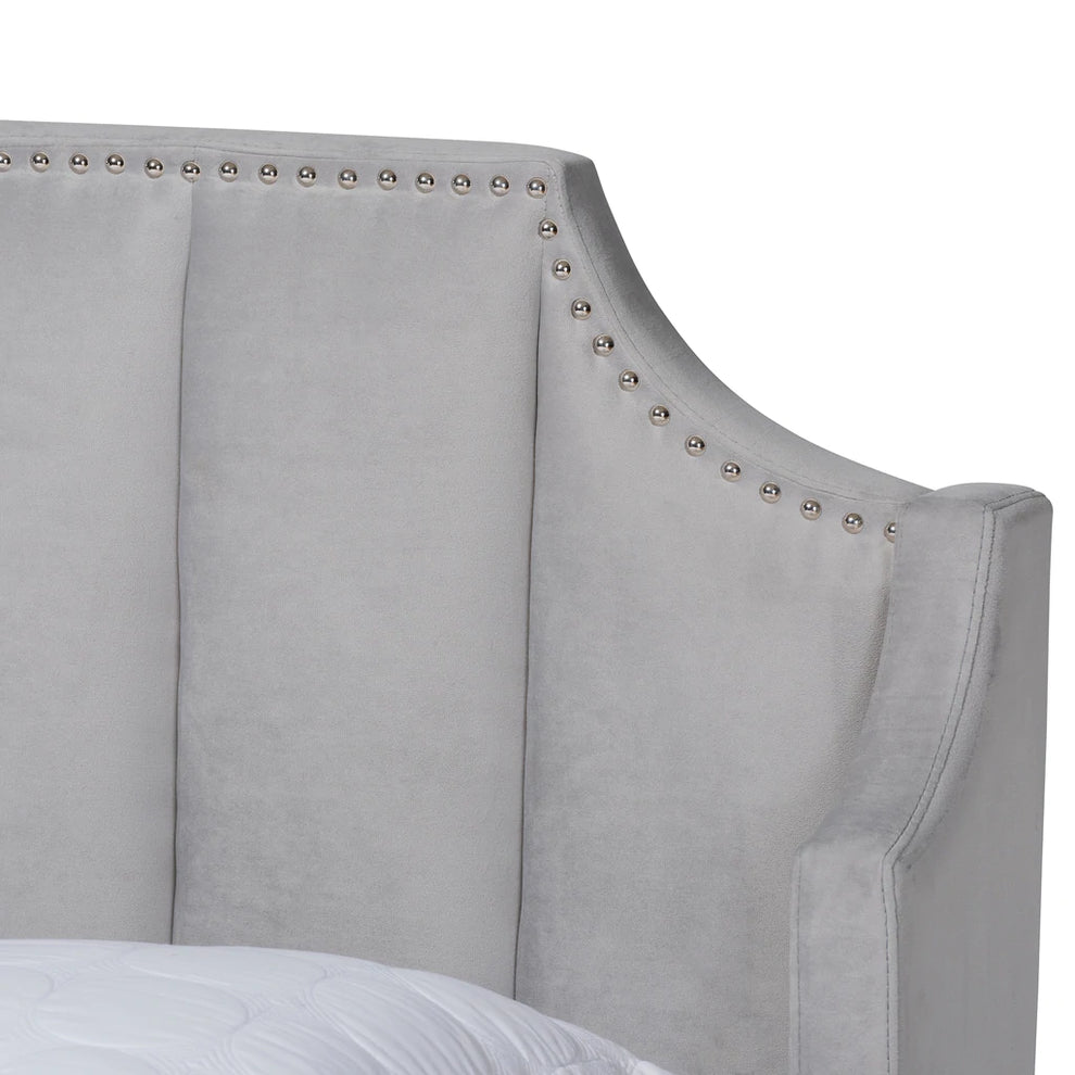 Baxton Studio Adelie Modern Glam Light Grey Velvet Fabric Upholstered Walnut Brown Finished Wood King Size Wingback Platform Bed | Beds | Modishstore - 5
