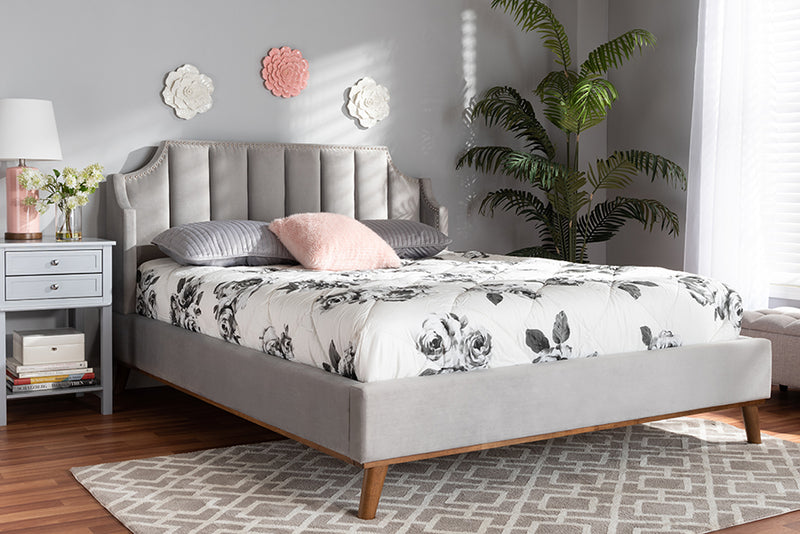 Baxton Studio Adelie Modern Glam Light Grey Velvet Fabric Upholstered Walnut Brown Finished Wood Queen Size Wingback Platform Bed | Modishstore | Beds