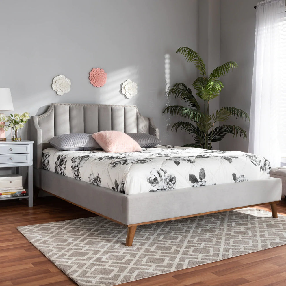 Baxton Studio Adelie Modern Glam Light Grey Velvet Fabric Upholstered Walnut Brown Finished Wood King Size Wingback Platform Bed | Beds | Modishstore