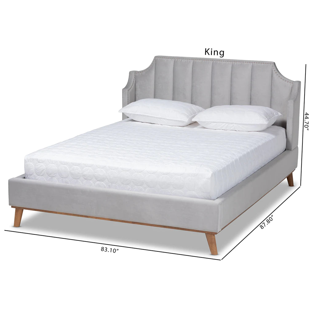 Baxton Studio Adelie Modern Glam Light Grey Velvet Fabric Upholstered Walnut Brown Finished Wood King Size Wingback Platform Bed | Beds | Modishstore - 7