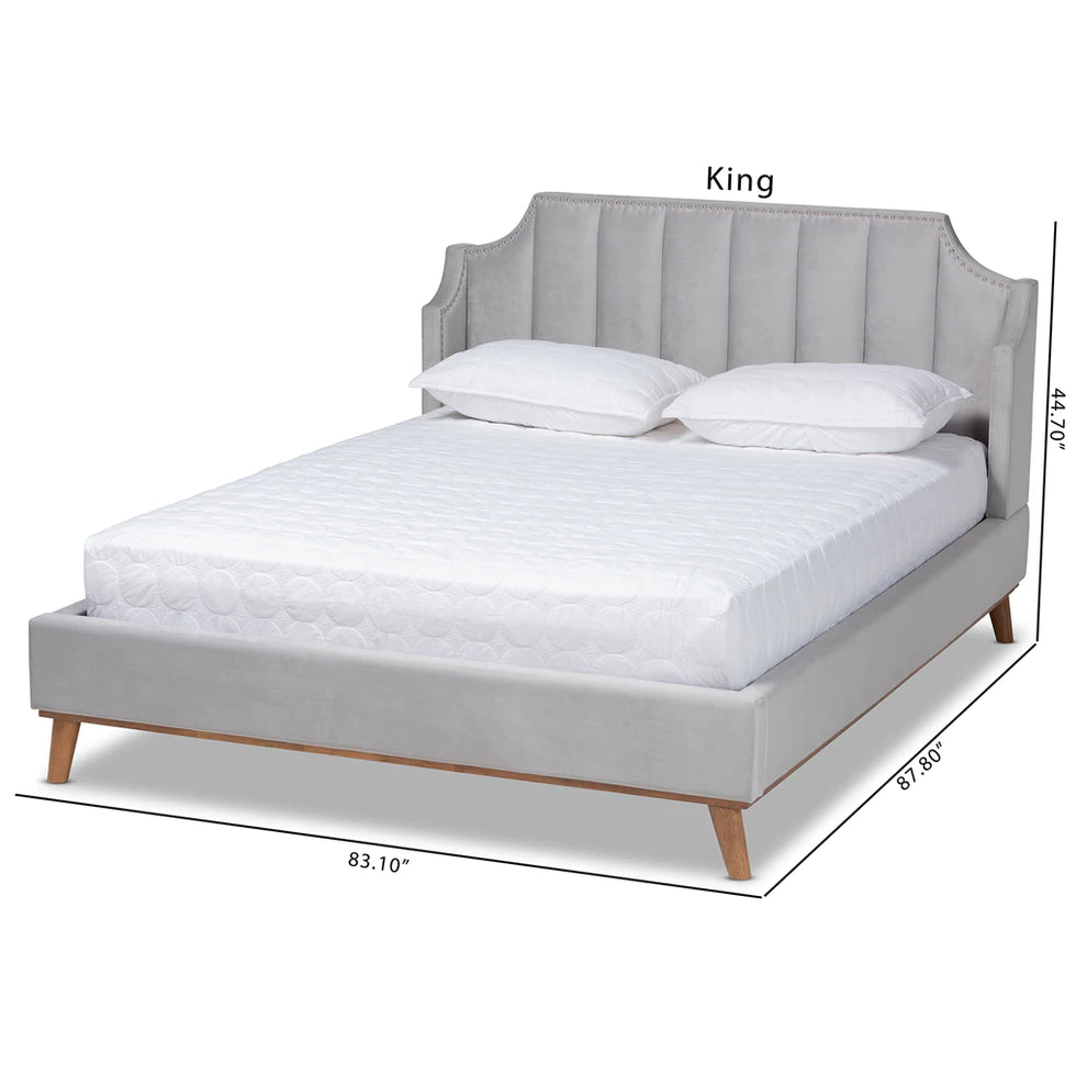 Baxton Studio Adelie Modern Glam Light Grey Velvet Fabric Upholstered Walnut Brown Finished Wood King Size Wingback Platform Bed | Beds | Modishstore - 7