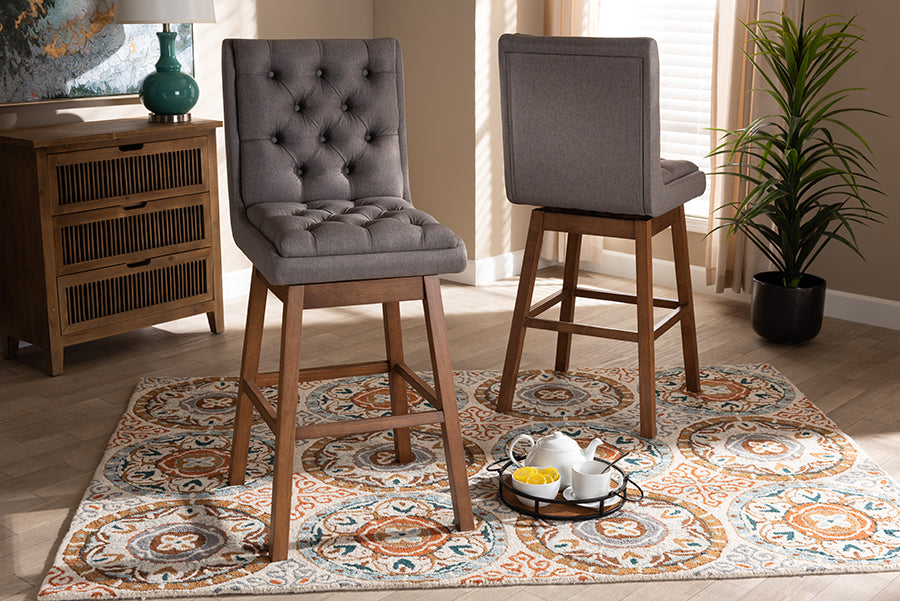 baxton studio gregory modern transitional grey fabric upholstered and walnut brown finished wood 2 piece swivel bar stool set set | Modish Furniture Store-2