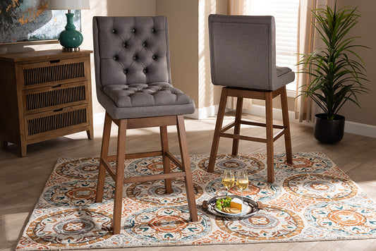 Baxton Studio Gregory Modern Transitional Grey Fabric Upholstered and Walnut Brown Finished Wood 2-Piece Swivel Bar Stool Set Set | Modishstore | Bar Stools