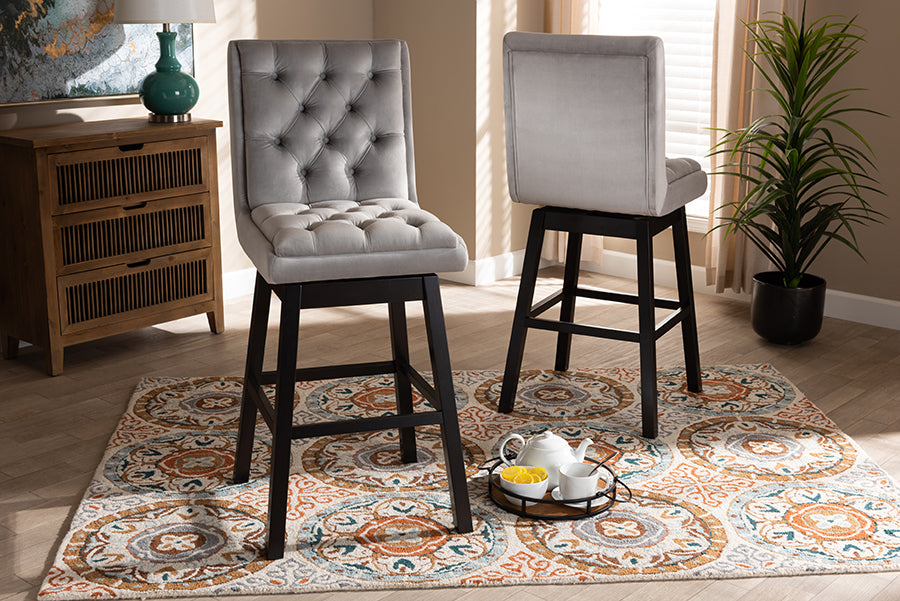 baxton studio gregory modern transitional light grey velvet fabric upholstered and dark brown finished wood 2 piece swivel bar stool set set | Modish Furniture Store-2