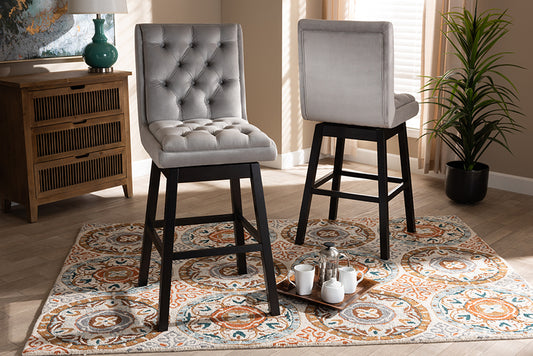 Baxton Studio Gregory Modern Transitional Light Grey Velvet Fabric Upholstered and Dark Brown Finished Wood 2-Piece Swivel Bar Stool Set Set | Modishstore | Bar Stools