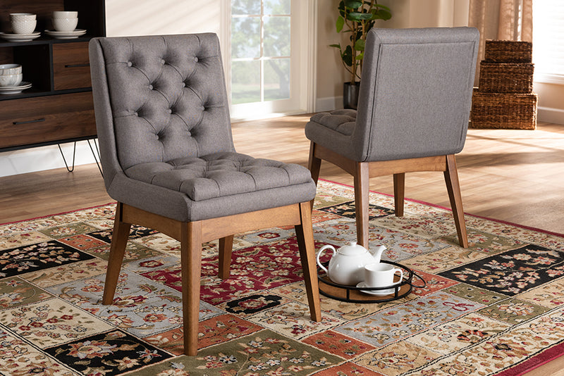 Baxton Studio Makar Modern Transitional Grey Fabric Upholstered and Walnut Brown Finished Wood 2-Piece Dining Chair Set Set | Modishstore | Dining Chairs