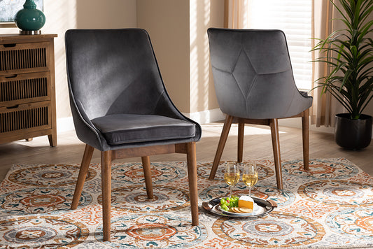 Baxton Studio Gilmore Modern and Contemporary Grey Velvet Fabric Upholstered and Walnut Brown Finished Wood 2-Piece Dining Chair Set Set | Modishstore | Dining Chairs