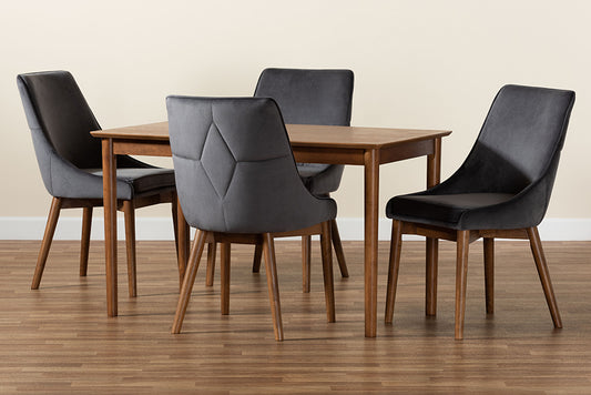 Baxton Studio Gilmore Modern and Contemporary Grey Velvet Fabric Upholstered and Walnut Brown Finished Wood 5-Piece Dining Set | Dining Sets | Modishstore