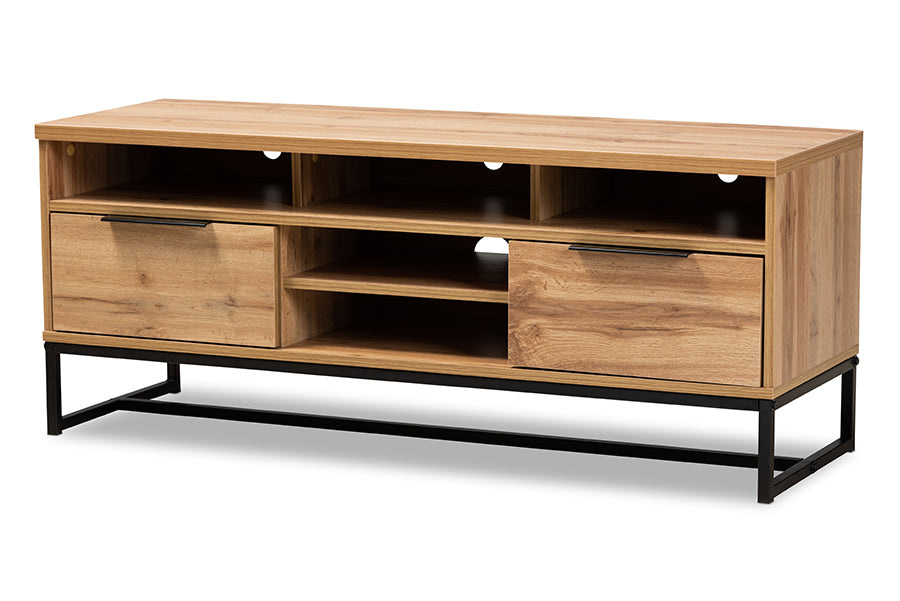 baxton studio reid modern and contemporary industrial oak finished wood and black metal 2 drawer tv stand | Modish Furniture Store-2