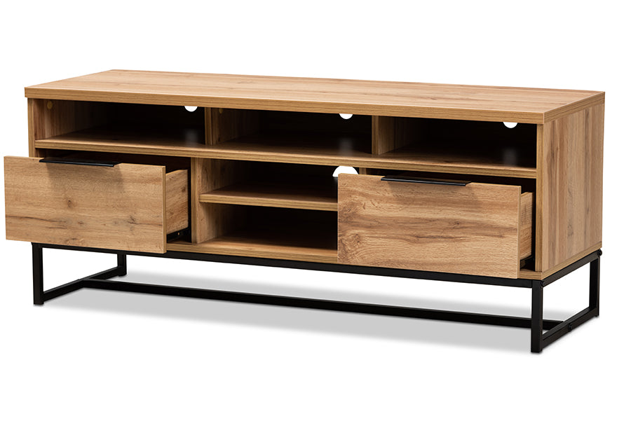 baxton studio reid modern and contemporary industrial oak finished wood and black metal 2 drawer tv stand | Modish Furniture Store-3