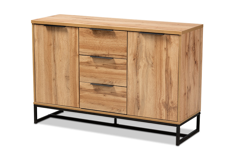 baxton studio reid modern and contemporary industrial oak finished wood and black metal 3 drawer sideboard buffet | Modish Furniture Store-2